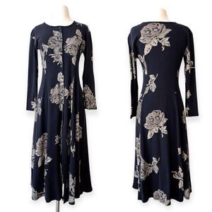 Vintage Rose Print Midi Dress Sz. Medium Black Long Sleeve Grunge Whimsigoth 90s